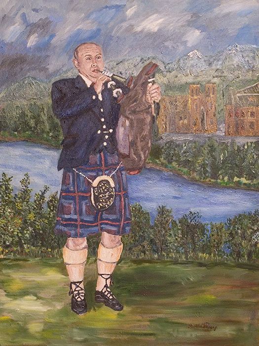 Дед с волынкой(Шотландец, играет на волынке, волынка, кильт, замок вдалеке, на фоне реки, облака, песня гор)